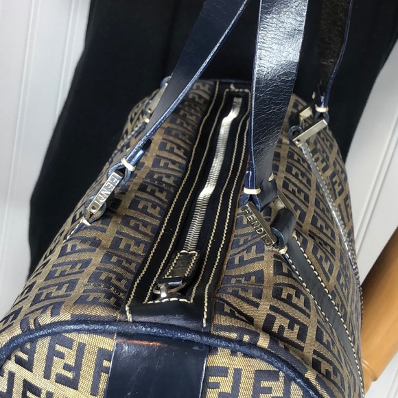 FENDI Zucca Navy Blue Leather Canvas Boston Duffle Travel Bag Speedy 30 EUC - Picture 11 of 17